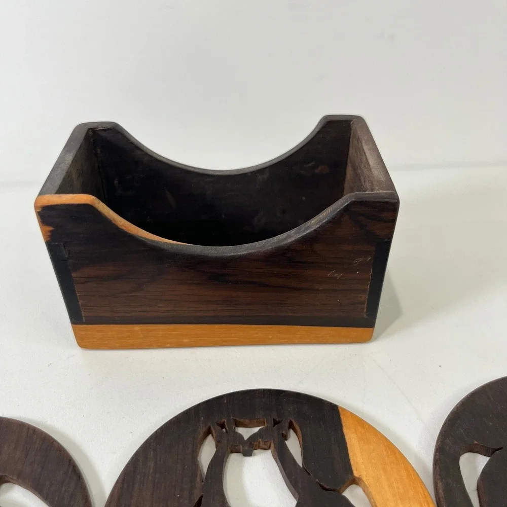 Vtg Wooden Coaster‎ Set 6pc African Safari Animals Boho Decor Jungle Tribal